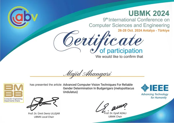 UBMK 2024 certificate for Advanced Computer Vision Techniques For Reliable Gender Determination In Budgerigars