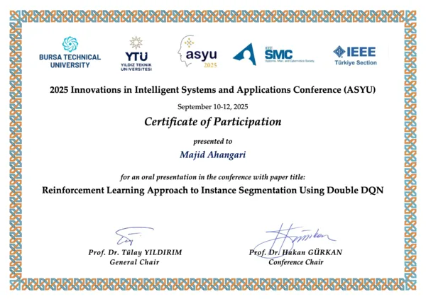 ASYU 2025 certificate for Reinforcement Learning Approach to Instance Segmentation Using Double DQN